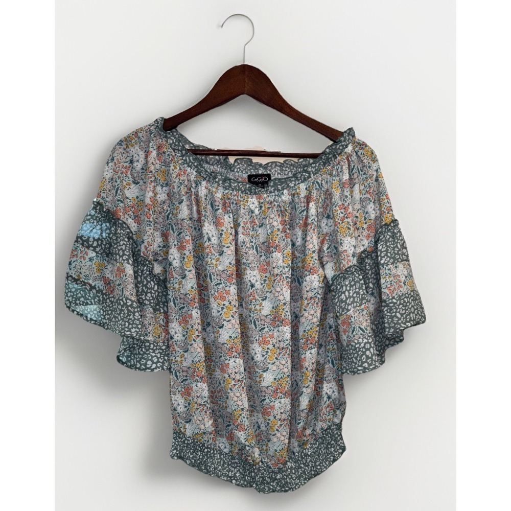 Womens Gigio Boho Peasant Green Floral Stretch Neck Blouse Size Medium